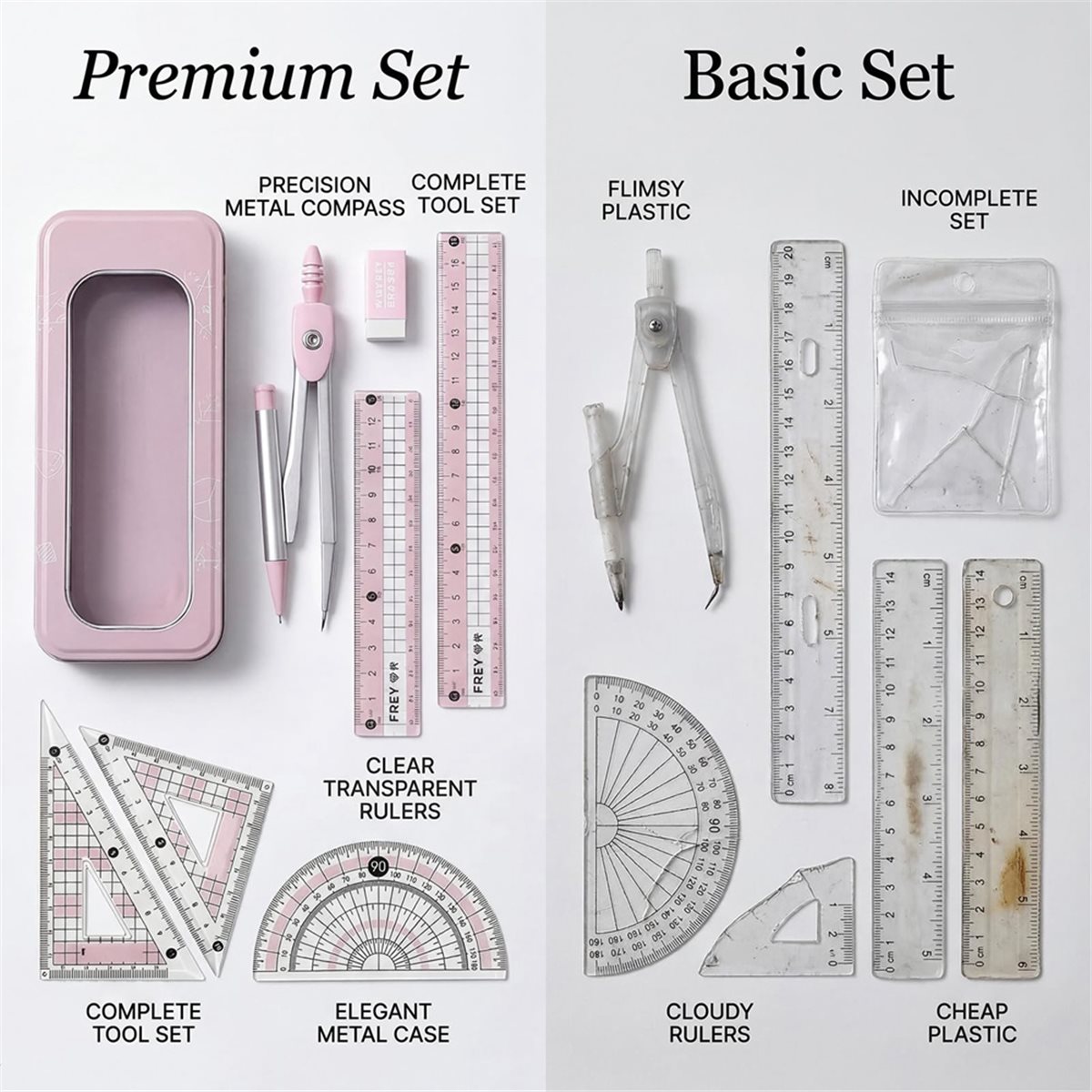 Compass Geometry Set - A1770K 8個入り分度器とコンパスセット、ピンクの幾何学セット、学校試験用文房具、学習活動、夏用