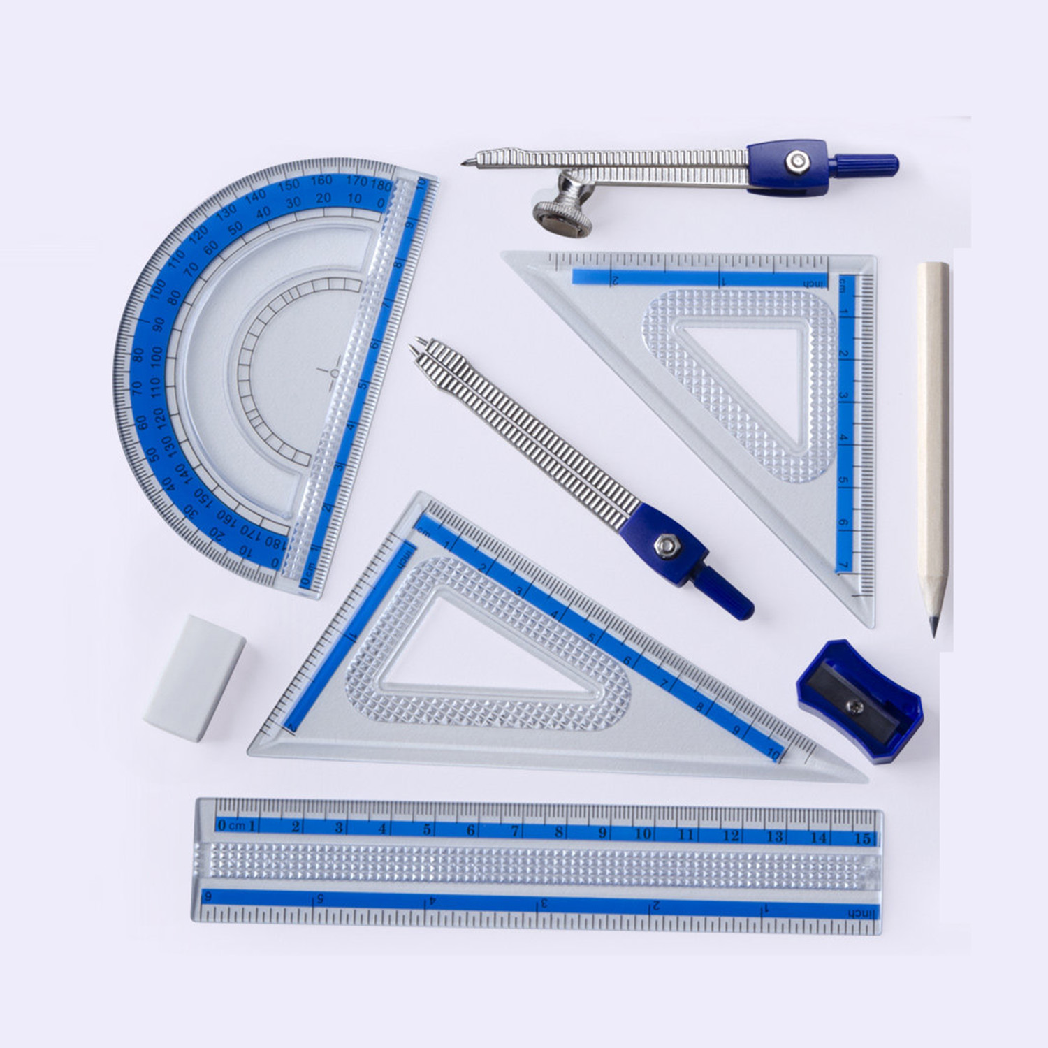 Compass Geometry Set - 10点セット 幾何学数学セット 飛散防止収納ボックス 定規 分度器 コンパス