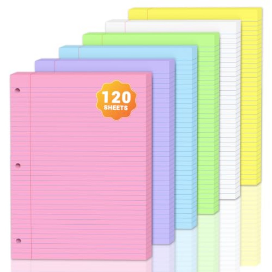 Paper Punch 3 Hole - 120枚入り カラフルな8x10.5インチルーズリーフペーパー、6色の大学ノート用3穴パンチ加工済みノート用紙、色分けされたノート用紙