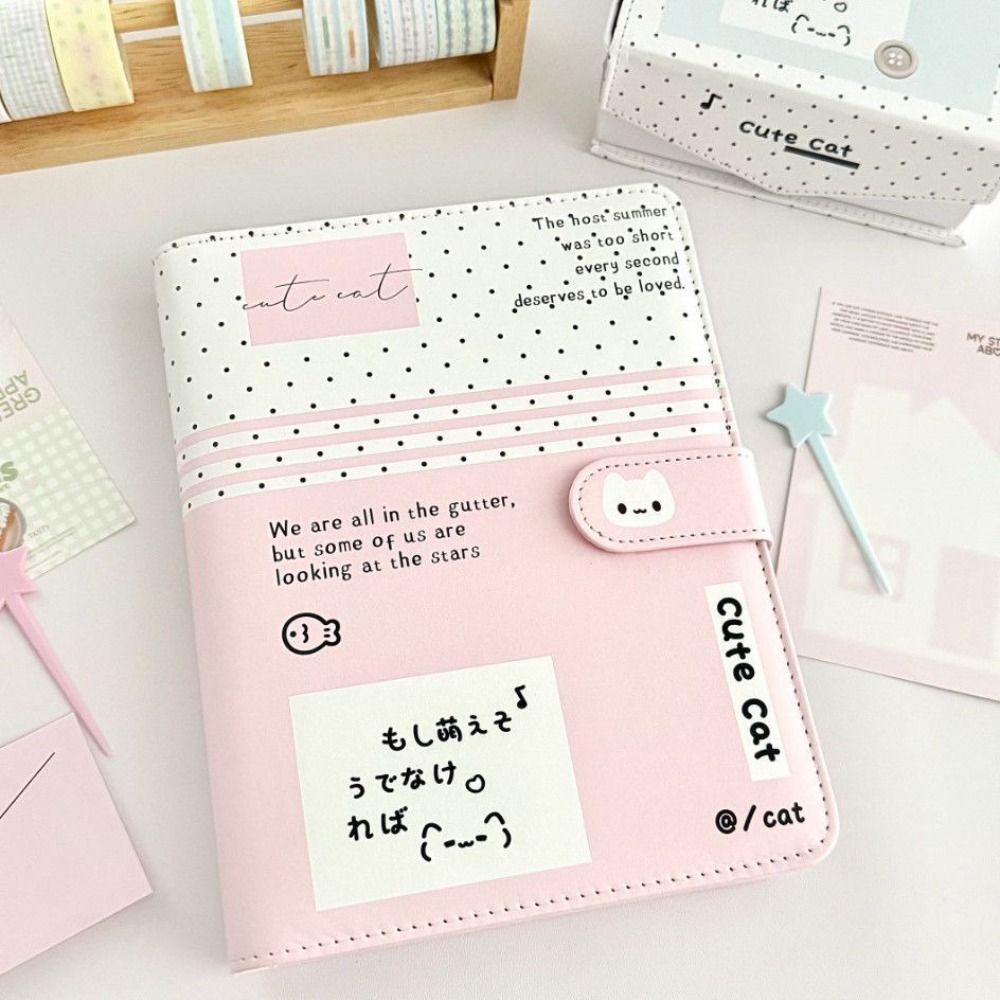韓国A5ルーズリーフノートPUレザー水玉模様猫柄フォトカード - Notebook Dotted A5 のレビューと価格