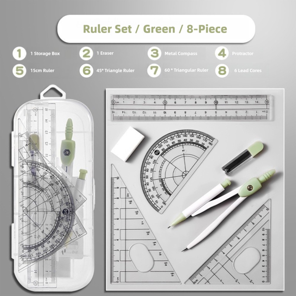 8 ピース/セットプラスチック定規コンパスセット透明消しゴム - Compass Geometry Set のレビューと価格